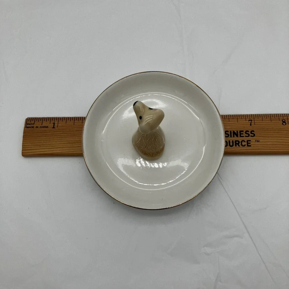 Ring Holder Dog Trinket Dish 4in Cream Gold Catch All